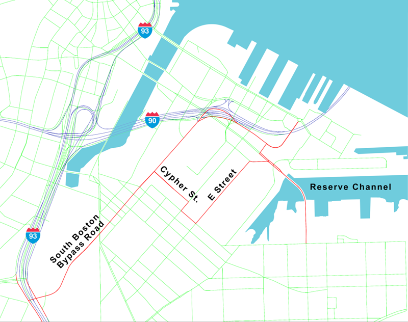 Figure 4 is a map of the South Boston Waterfront. Several roadways, including South Boston Bypass Road, Cypher Street, and E Street have been highlighted as part of a CUFC.